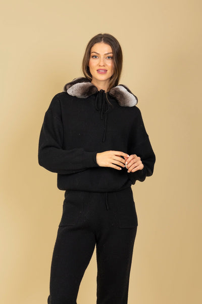 Wool Blended Hooded Sweater with Detachable Contrast Genuine Fur Trim