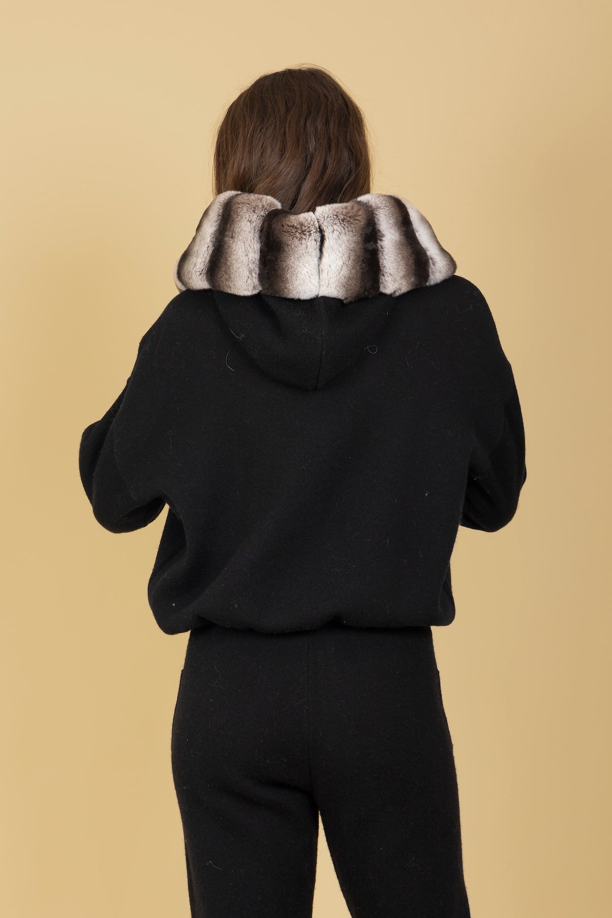 Wool Blended Hooded Sweater with Detachable Contrast Genuine Fur Trim