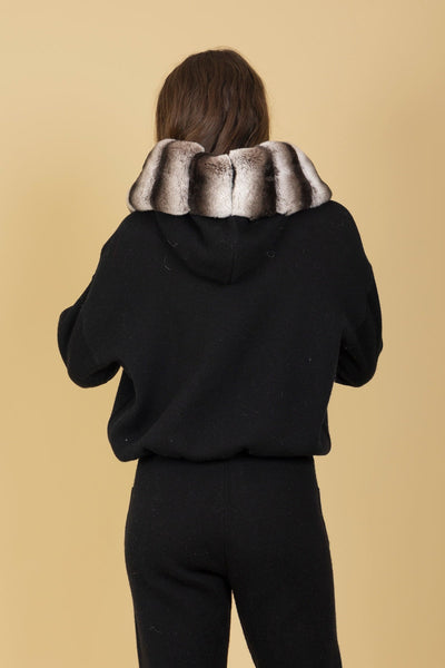 Wool Blended Hooded Sweater with Detachable Contrast Genuine Fur Trim