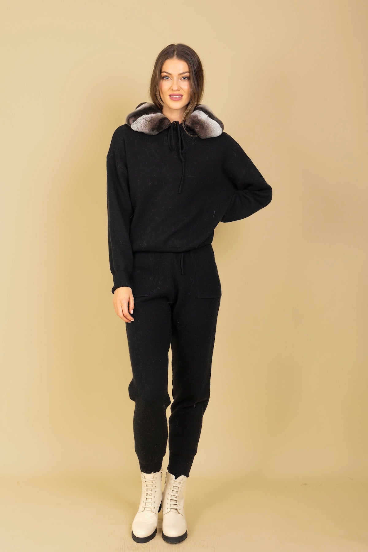 Wool Blended Hooded Sweater with Detachable Contrast Genuine Fur Trim