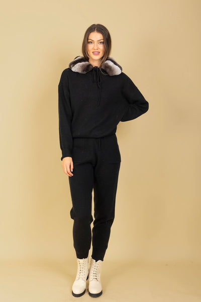 Wool Blended Hooded Sweater with Detachable Contrast Genuine Fur Trim