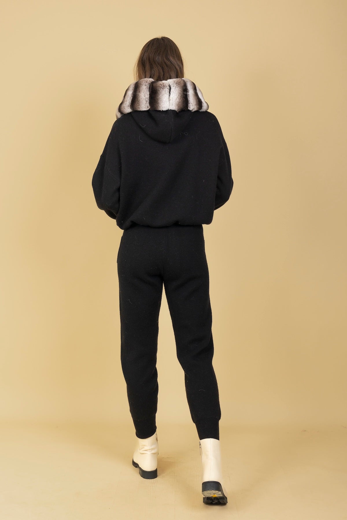 Wool Blended Hooded Sweater with Detachable Contrast Genuine Fur Trim