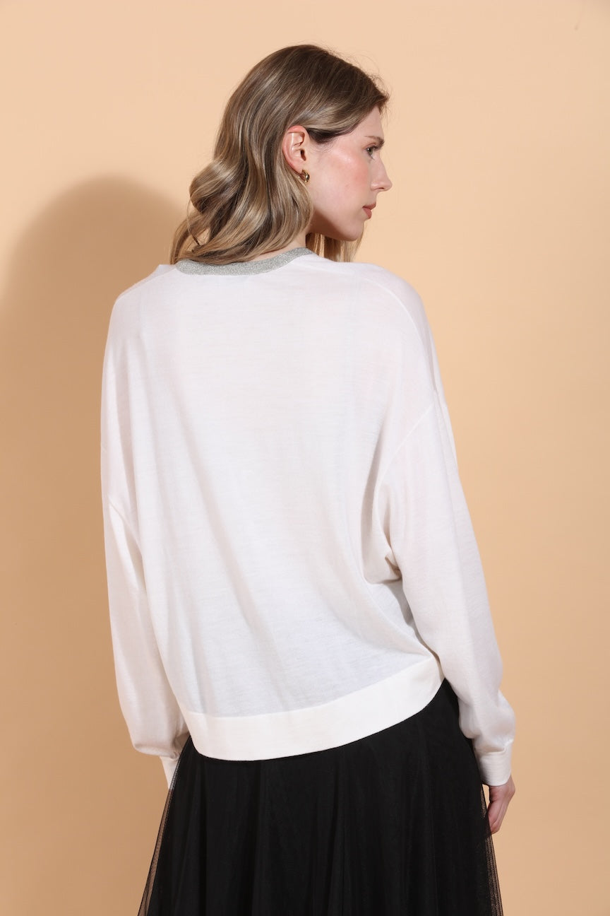 Merino Wool Silk Blend Sweater with Rhinestone Neck Trim