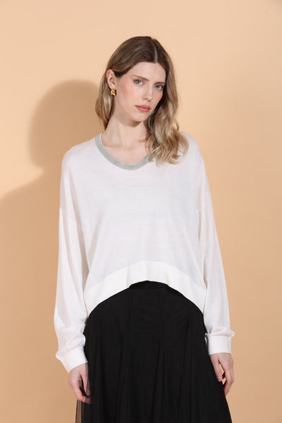 Merino Wool Silk Blend Sweater with Rhinestone Neck Trim