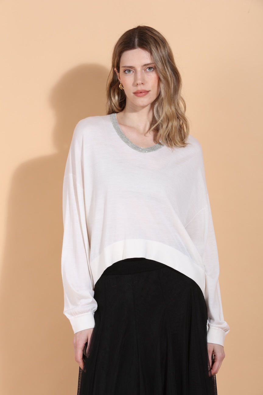 Merino Wool Silk Blend Sweater with Rhinestone Neck Trim