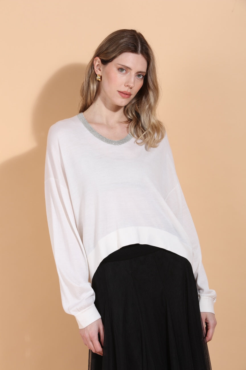 Merino Wool Silk Blend Sweater with Rhinestone Neck Trim