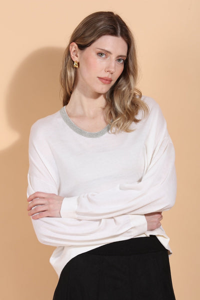 Merino Wool Silk Blend Sweater with Rhinestone Neck Trim