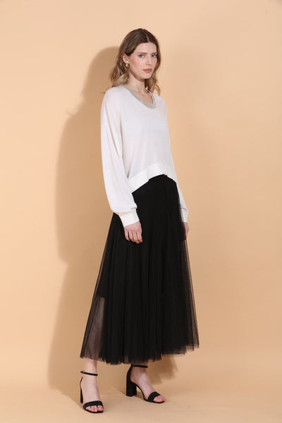 Merino Wool Silk Blend Sweater with Rhinestone Neck Trim