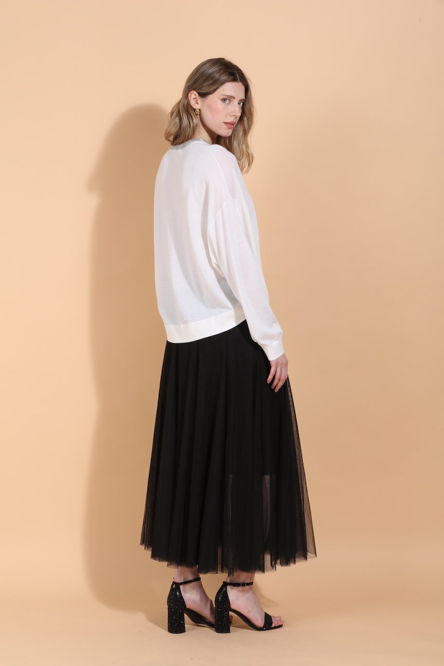 Merino Wool Silk Blend Sweater with Rhinestone Neck Trim