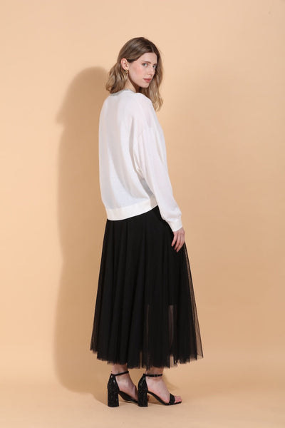 Merino Wool Silk Blend Sweater with Rhinestone Neck Trim