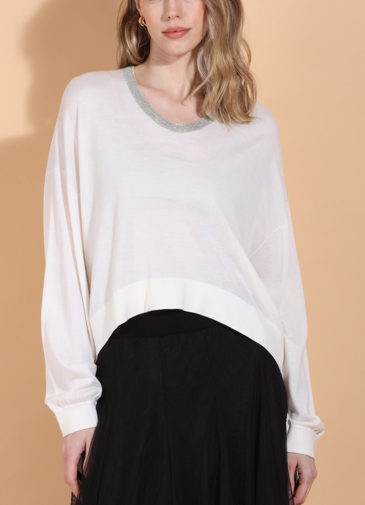 Merino Wool Silk Blend Sweater with Rhinestone Neck Trim