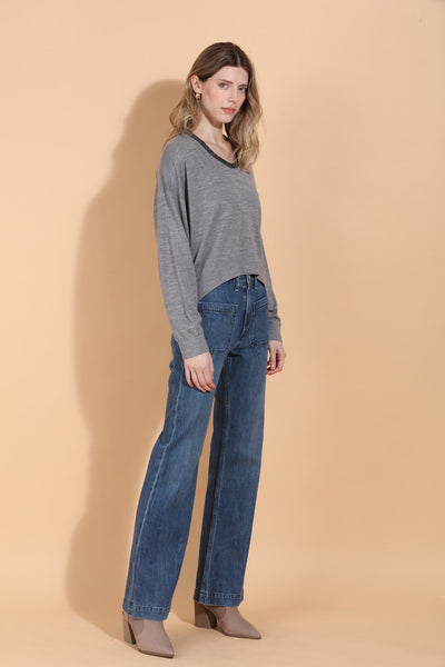 Merino Wool Silk Blend Sweater with Rhinestone Neck Trim
