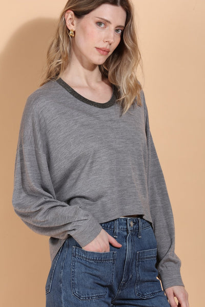 Merino Wool Silk Blend Sweater with Rhinestone Neck Trim