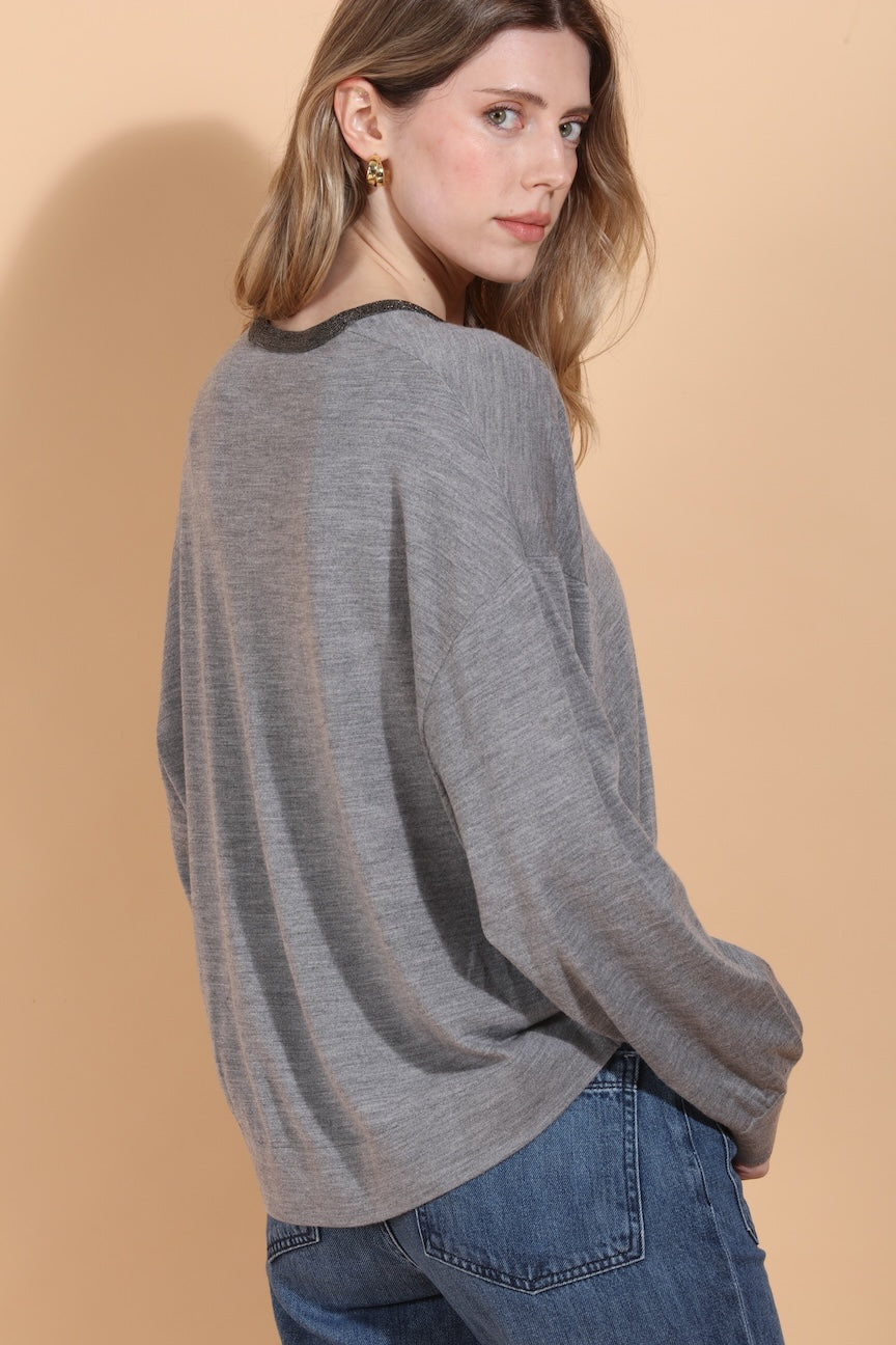 Merino Wool Silk Blend Sweater with Rhinestone Neck Trim