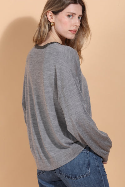 Merino Wool Silk Blend Sweater with Rhinestone Neck Trim