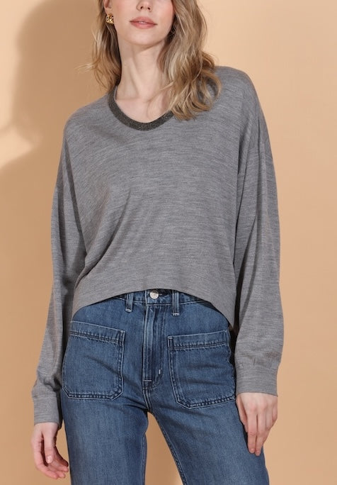 Merino Wool Silk Blend Sweater with Rhinestone Neck Trim