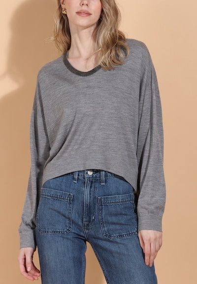 Merino Wool Silk Blend Sweater with Rhinestone Neck Trim