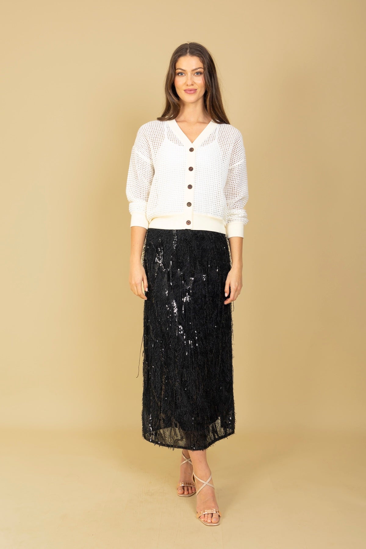 Eyelash Textured Midi Skirt with Sequin Embellishment