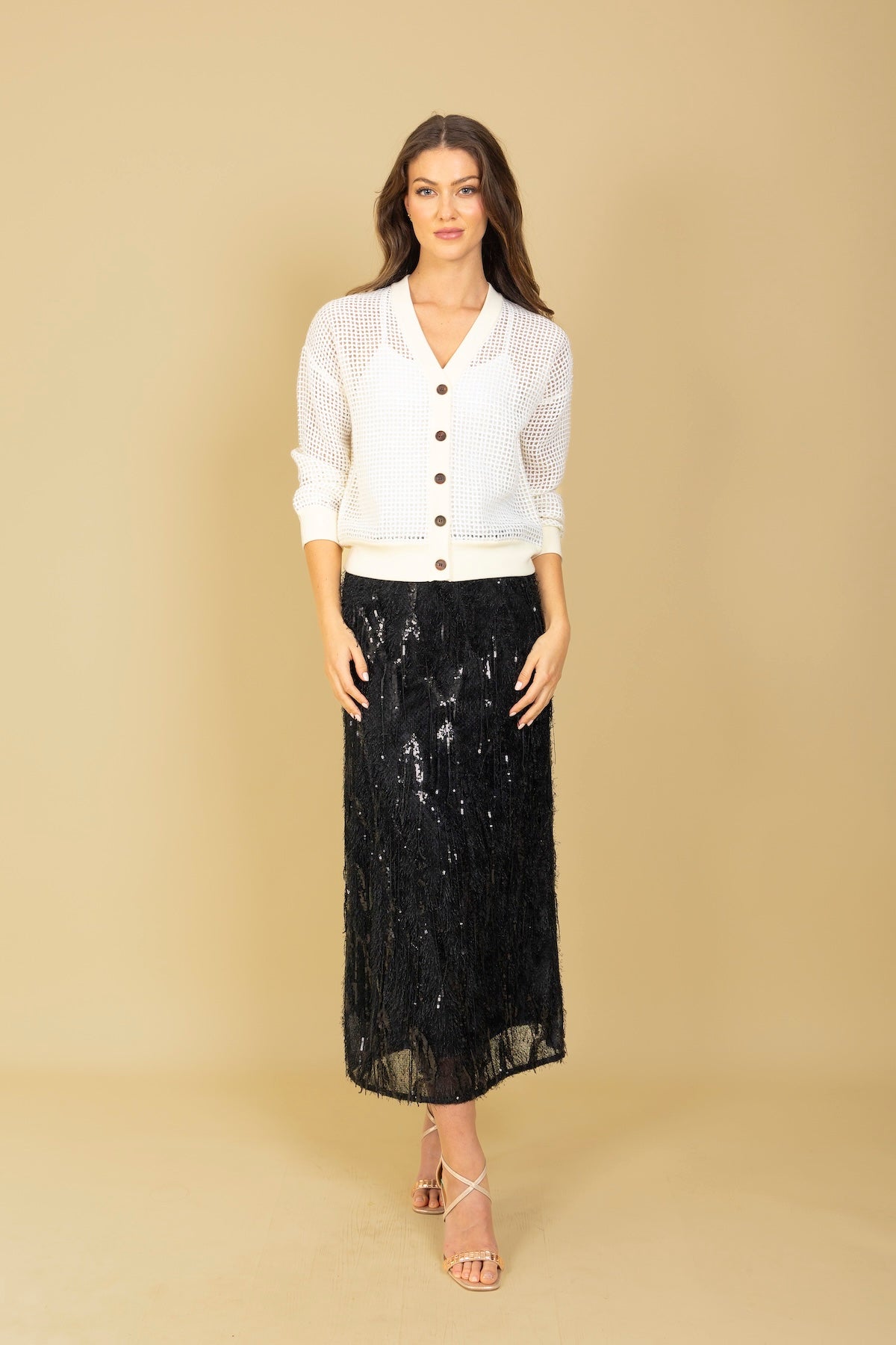 Eyelash Textured Midi Skirt with Sequin Embellishment