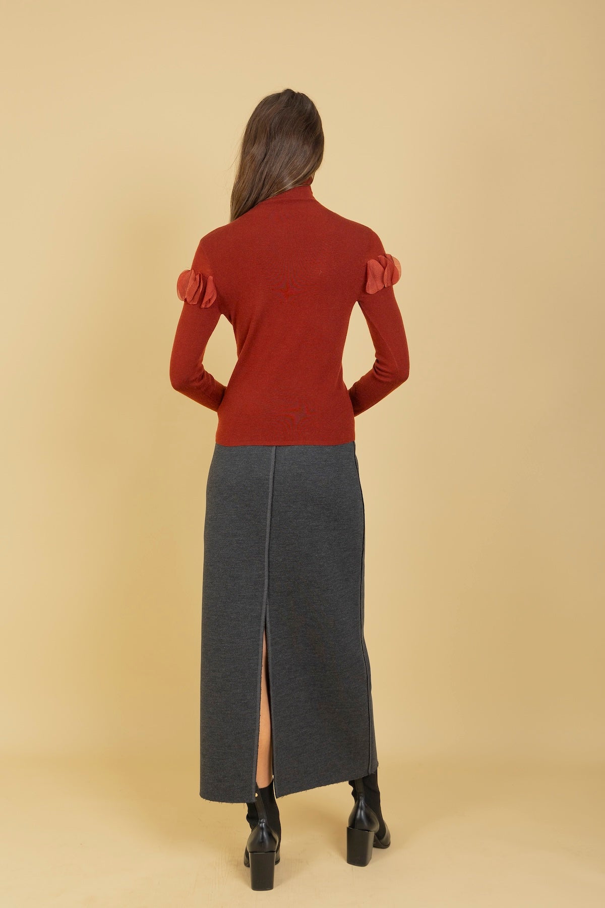 Raw Hem Ponte Midi Skirt with Back Slit