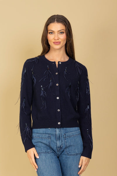 Merino Wool Cashmere Blended Cardigan with Feather and Sequin Details