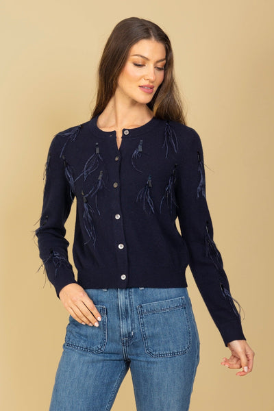 Merino Wool Cashmere Blended Cardigan with Feather and Sequin Details