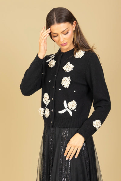 Merino Wool Cashmere Blend Cardigan with Embroidery & Appliqué