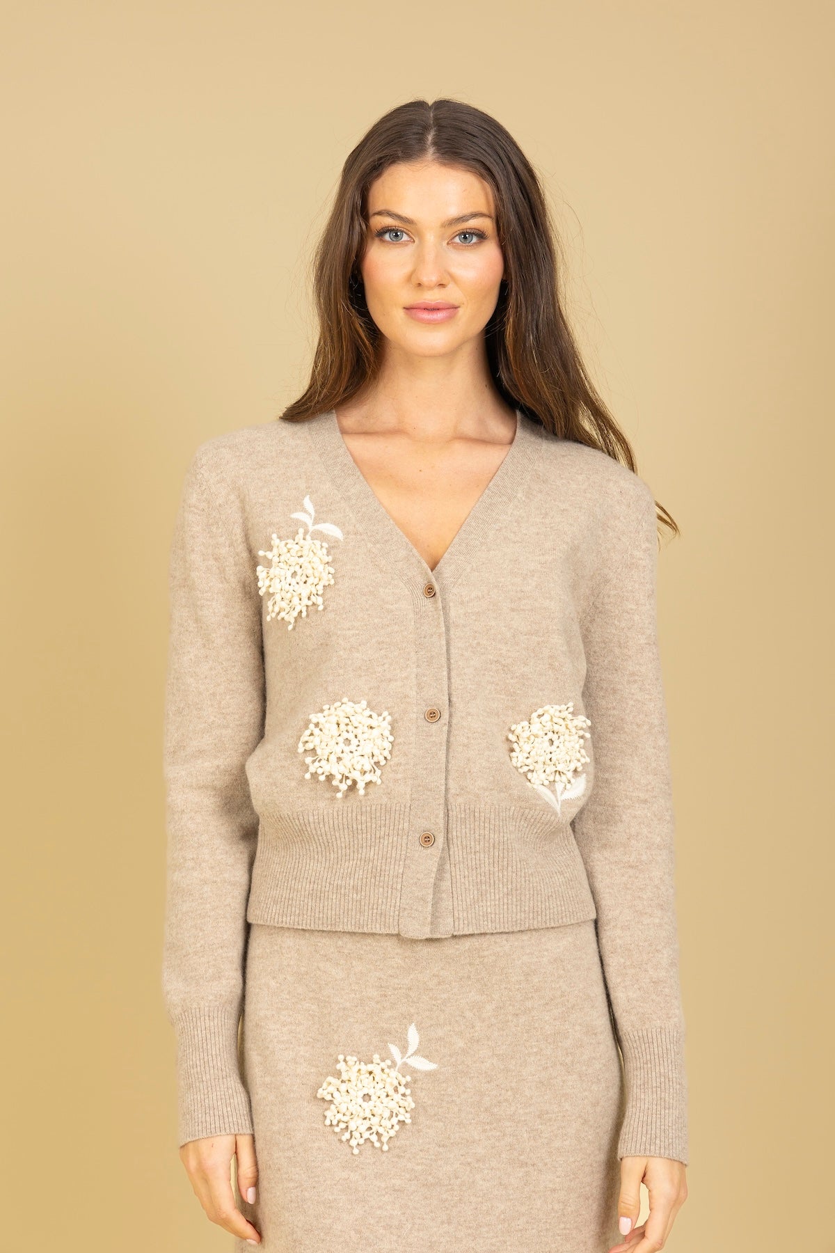 Merino Wool V-Neck Cardigan with Embroidery & Appliqué