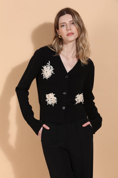 Merino Wool V-Neck Cardigan with Embroidery & Appliqué
