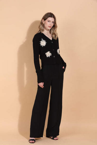 Merino Wool V-Neck Cardigan with Embroidery & Appliqué
