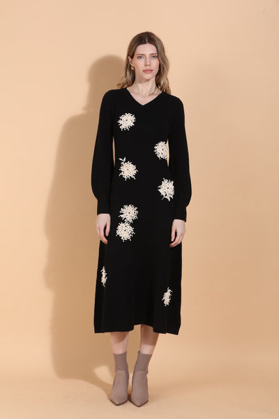 Merino Wool Knit Dress with Embroidery & Appliqué