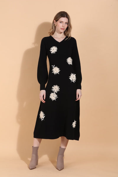 Merino Wool Knit Dress with Embroidery & Appliqué