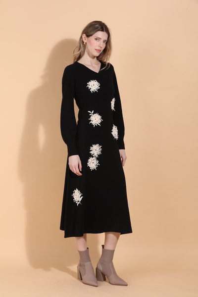 Merino Wool Knit Dress with Embroidery & Appliqué