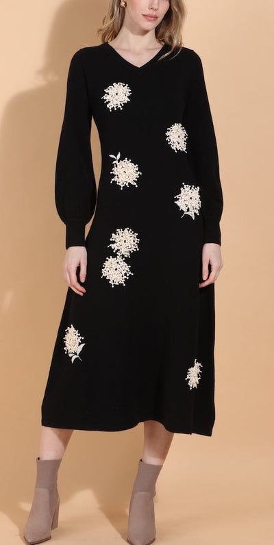 Merino Wool Knit Dress with Embroidery & Appliqué