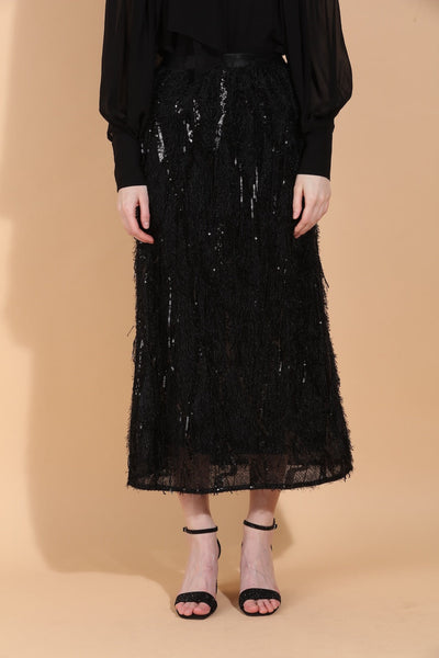 Eyelash Textured Midi Skirt with Sequin Embellishment
