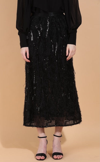 Eyelash Textured Midi Skirt with Sequin Embellishment