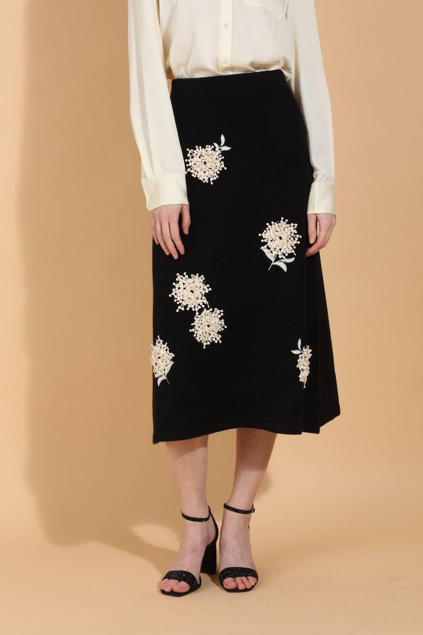 Merino Wool Knit Skirt with Embroidery & Appliqué