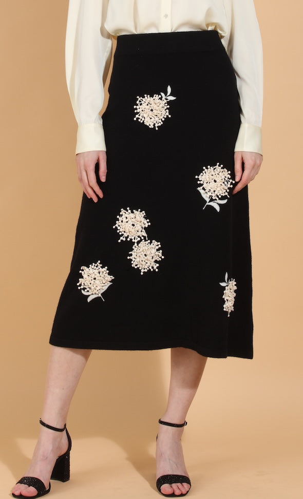 Merino Wool Knit Skirt with Embroidery & Appliqué