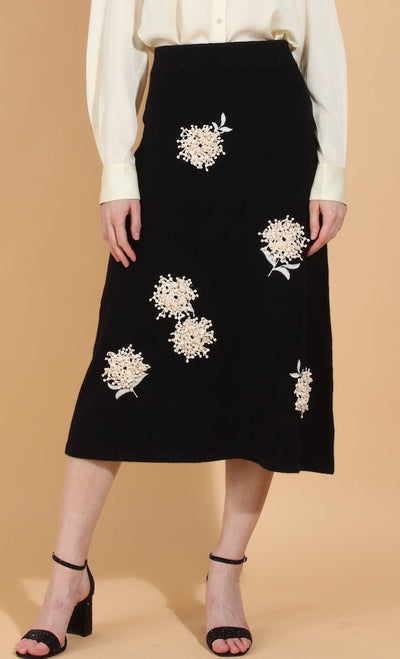 Merino Wool Knit Skirt with Embroidery & Appliqué