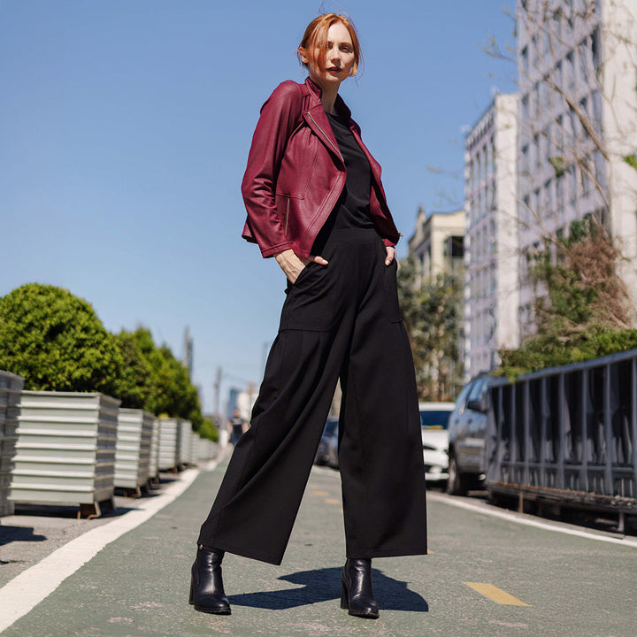 Rayon-Ponte Knit - Pleated Wide Leg Pocket Pant - Black - Clara Sunwoo