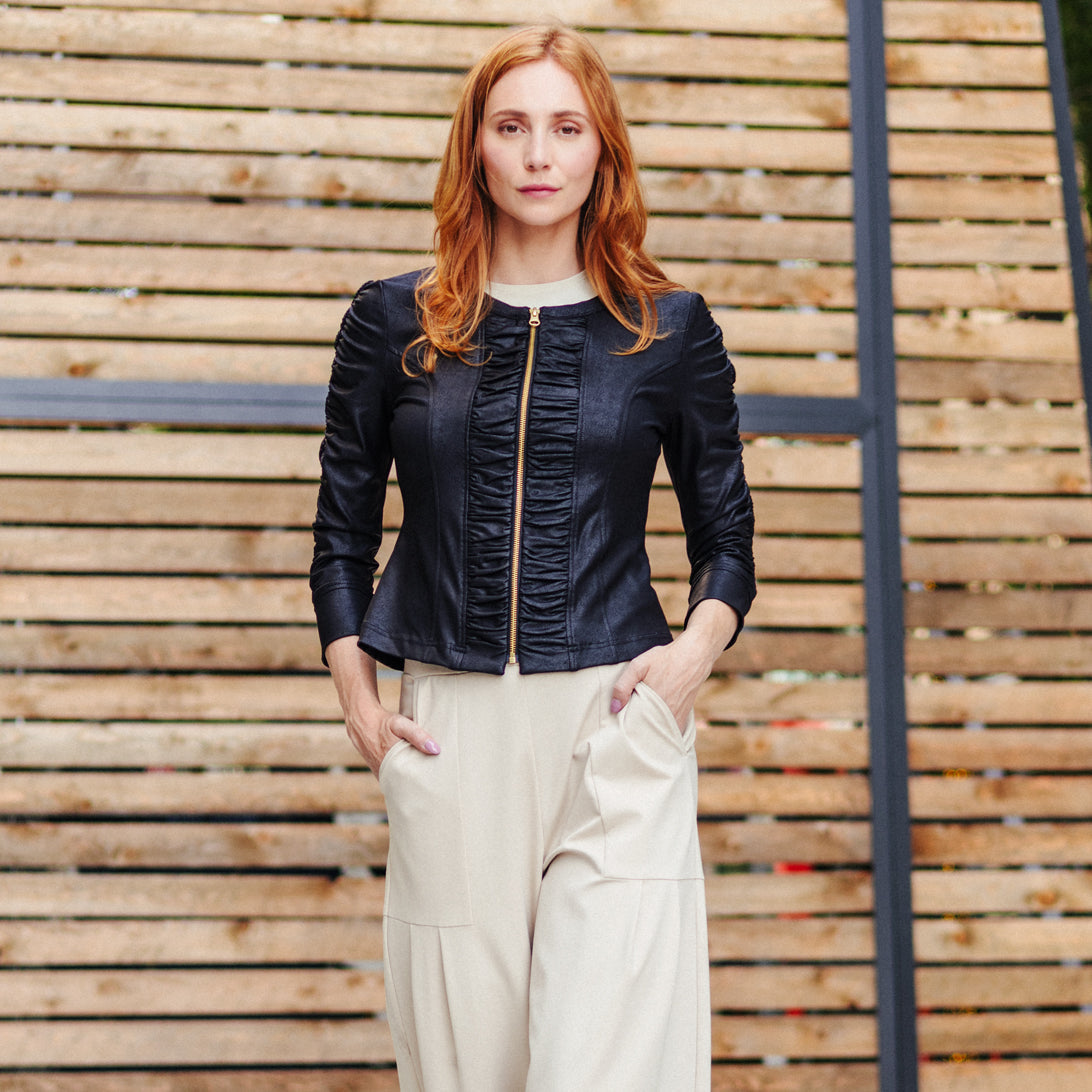Liquid Leather™ Ruched Detail Jacket - Black - Clara Sunwoo