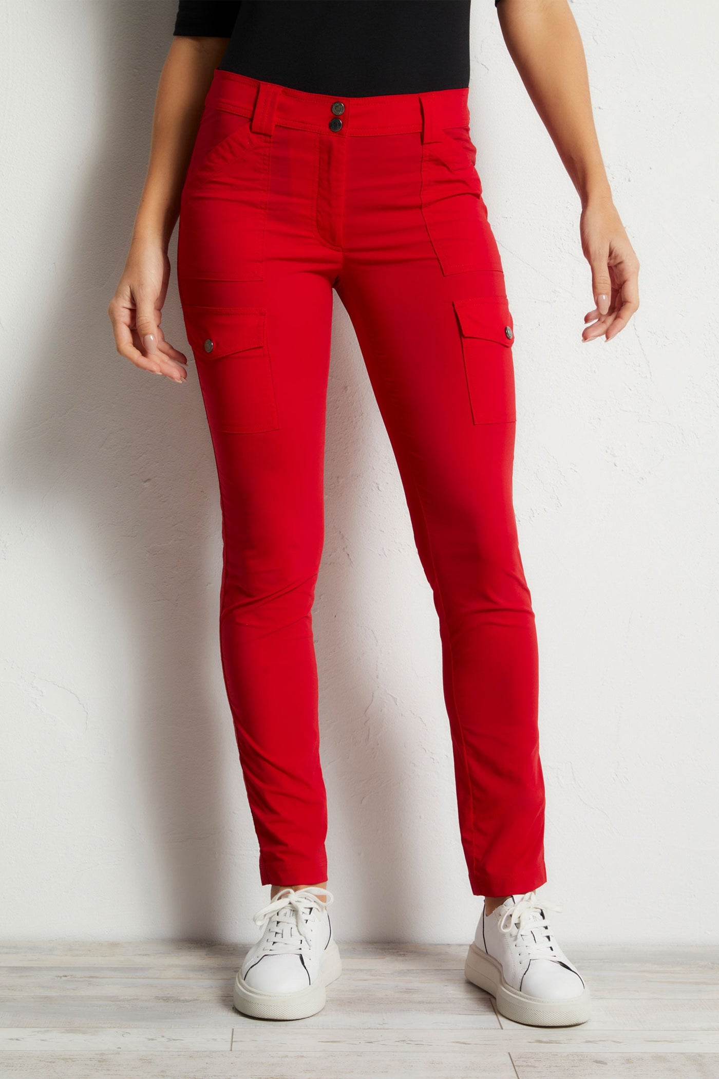 The Best Travel Cargo Pants. Front Profile of the Kate Skinny Cargo Pant in Atomic Red.