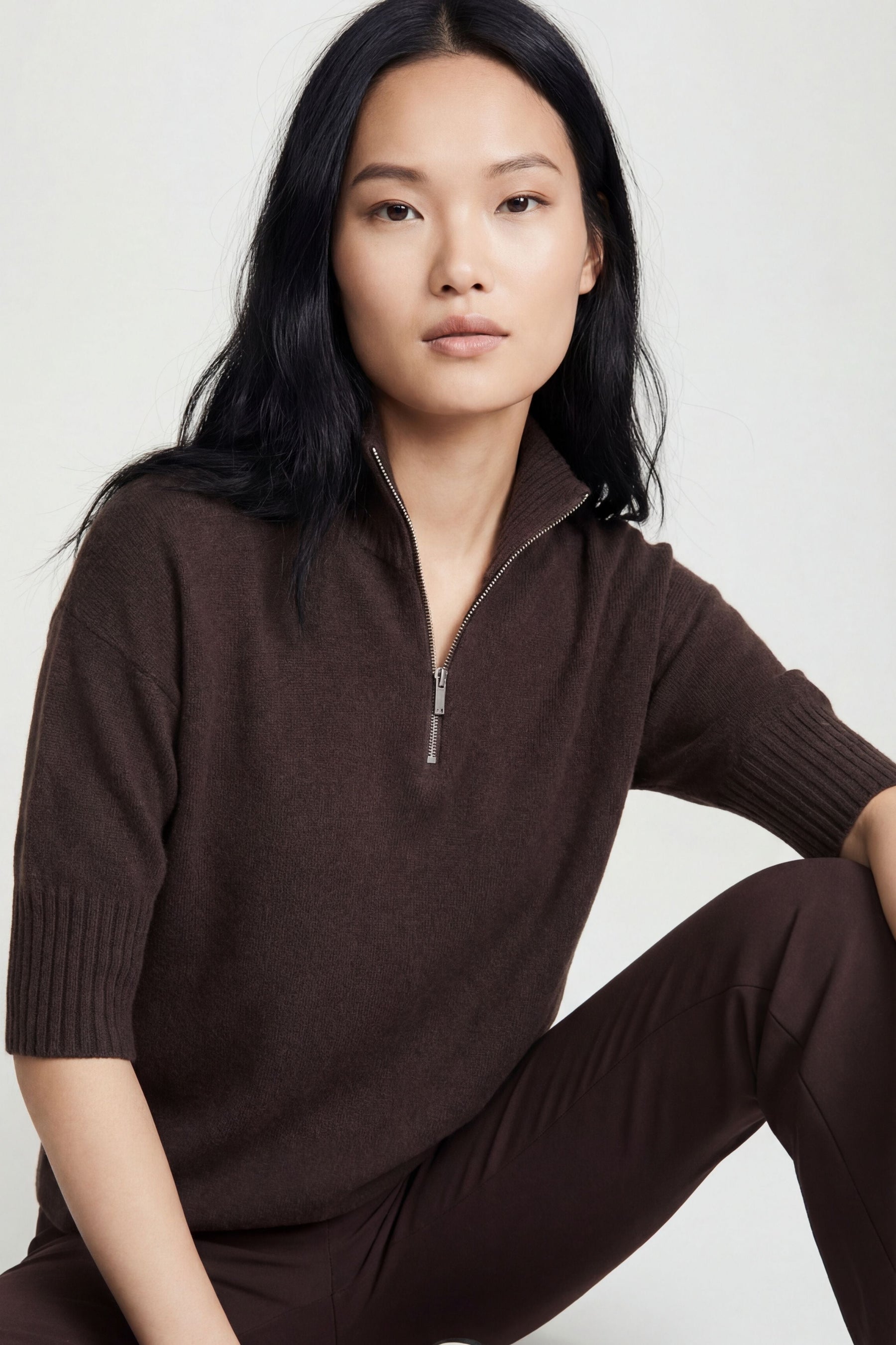 Lucely Elbow-Sleeve Quarter Zip Mock Neck