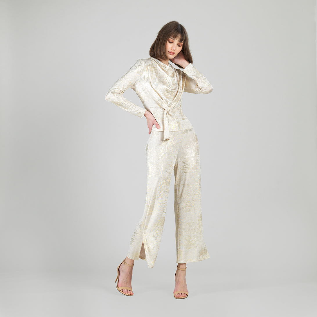 Foil Sheen - Side Slit Ankle Pant - Champagne