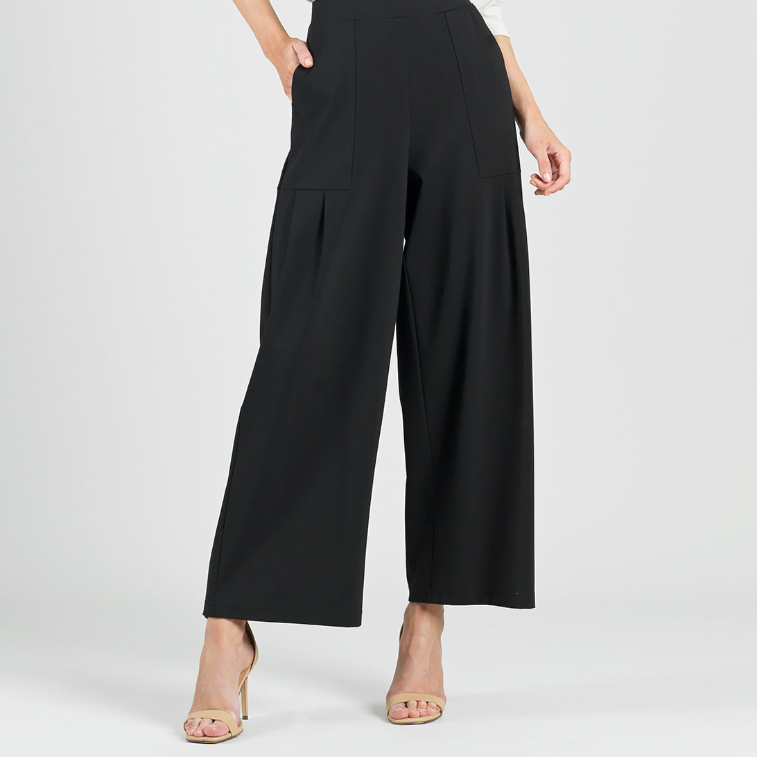 Rayon-Ponte Knit - Pleated Wide Leg Pocket Pant - Black - Clara Sunwoo