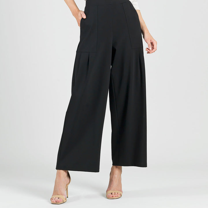 Rayon-Ponte Knit - Pleated Wide Leg Pocket Pant - Black - Clara Sunwoo