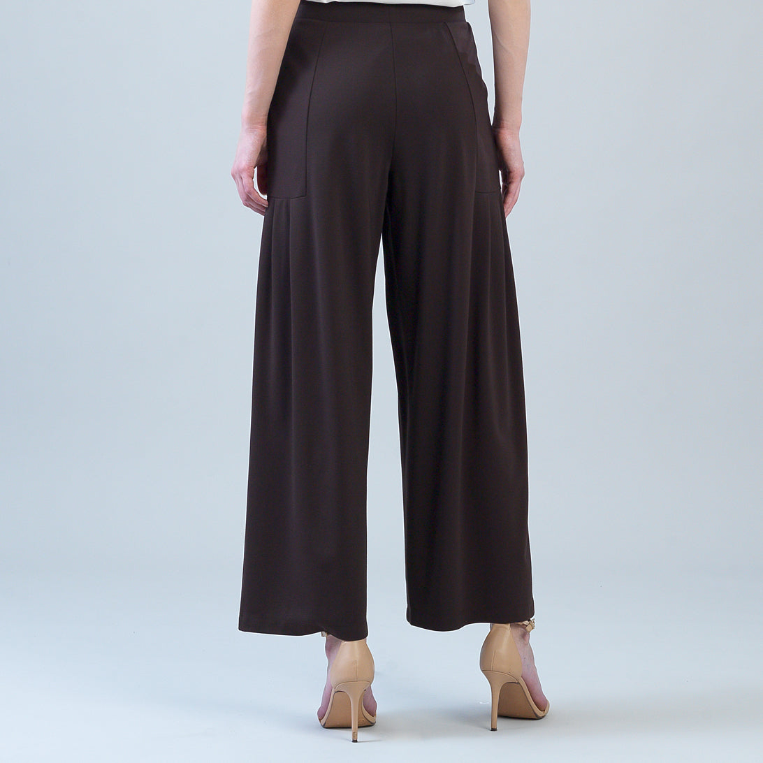 Rayon-Ponte Knit - Pleated Wide Leg Pocket Pant - Brown