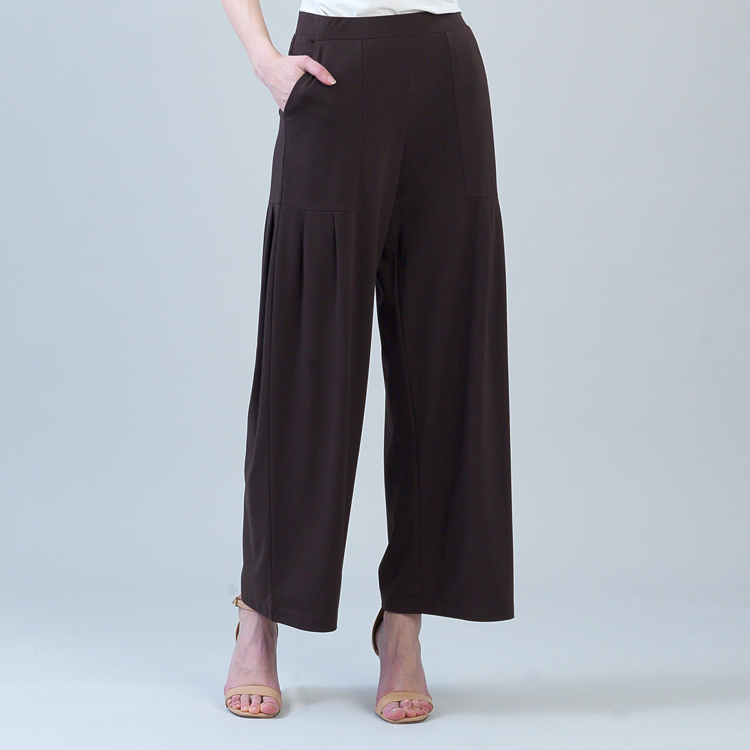 Rayon-Ponte Knit - Pleated Wide Leg Pocket Pant - Brown