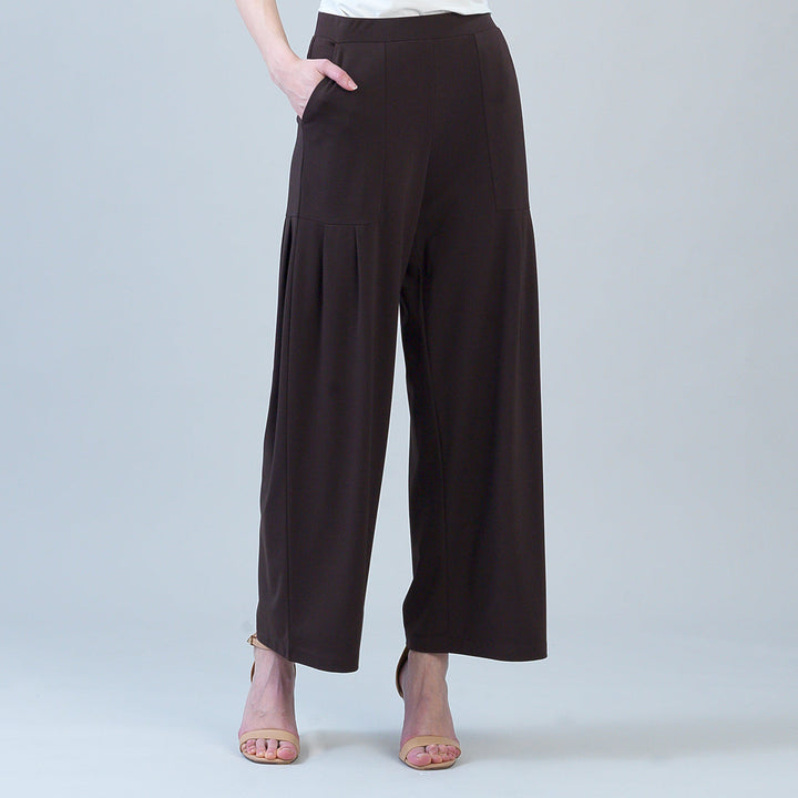 Rayon-Ponte Knit - Pleated Wide Leg Pocket Pant - Brown