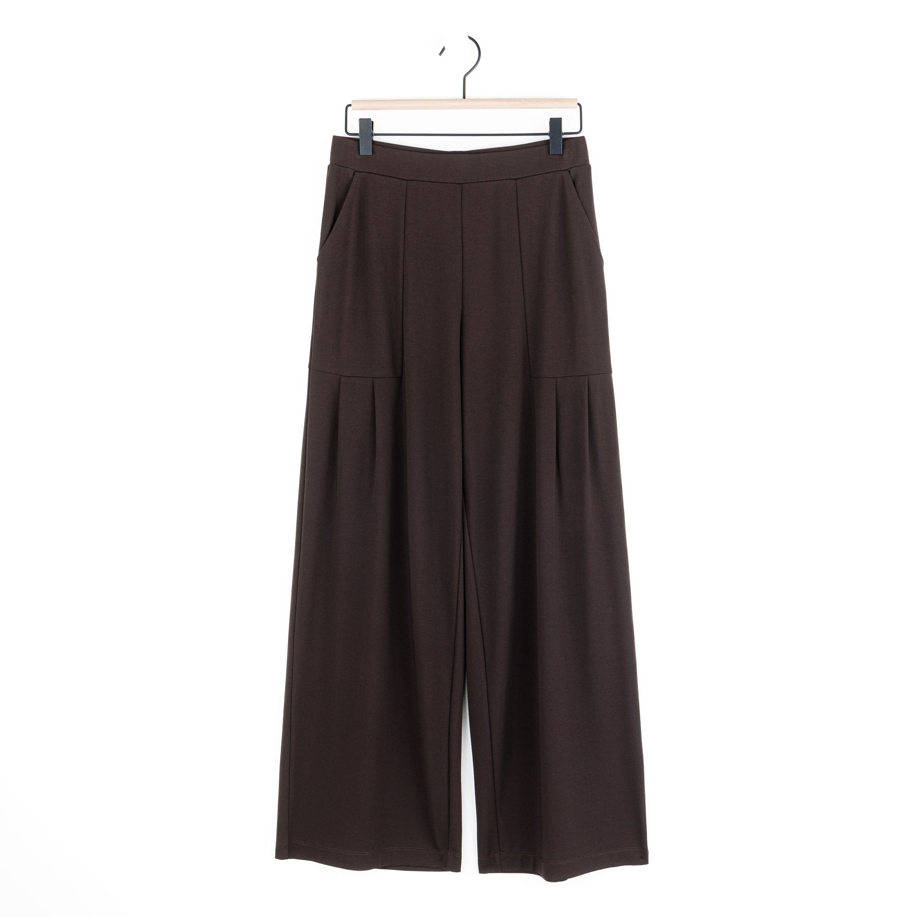 Rayon-Ponte Knit - Pleated Wide Leg Pocket Pant - Brown